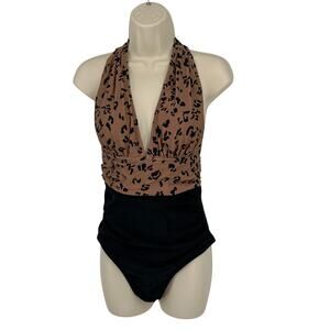 Cupshe Tan Leopard Halter One-Piece Swimsuit with Black Bottom